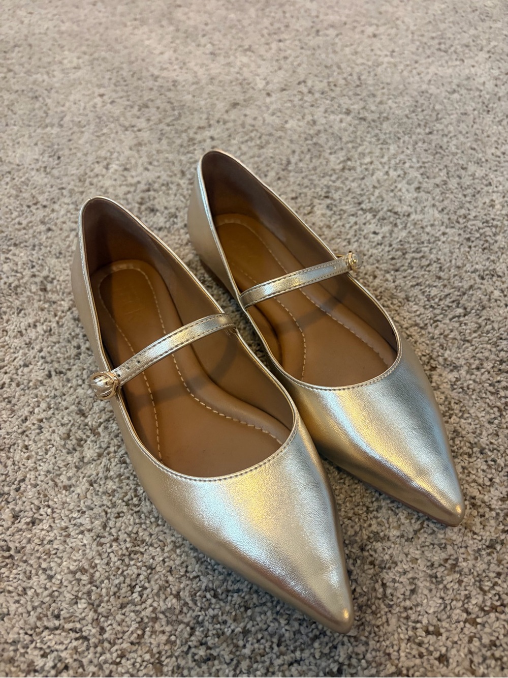 Metallic Gold Pointed-Toe Mary Jane Flats with Slim Strap